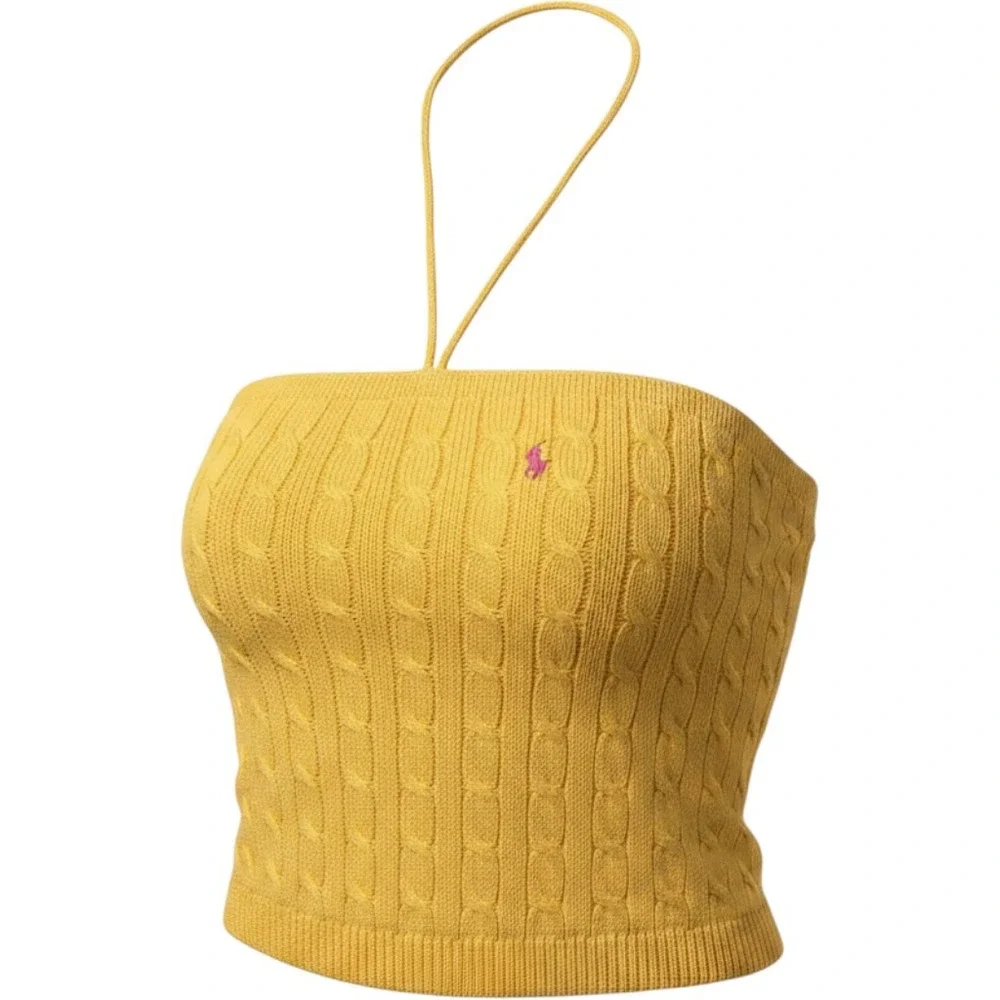 Ralph Lauren Yellow Cable Knit Halter Tube Top Pink Pony Cotton Size L - Picture 1 of 7